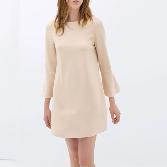 Zara Bell Sleeve cream shift dress size xs pale pink mini dress women’s - Picture 1 of 12
